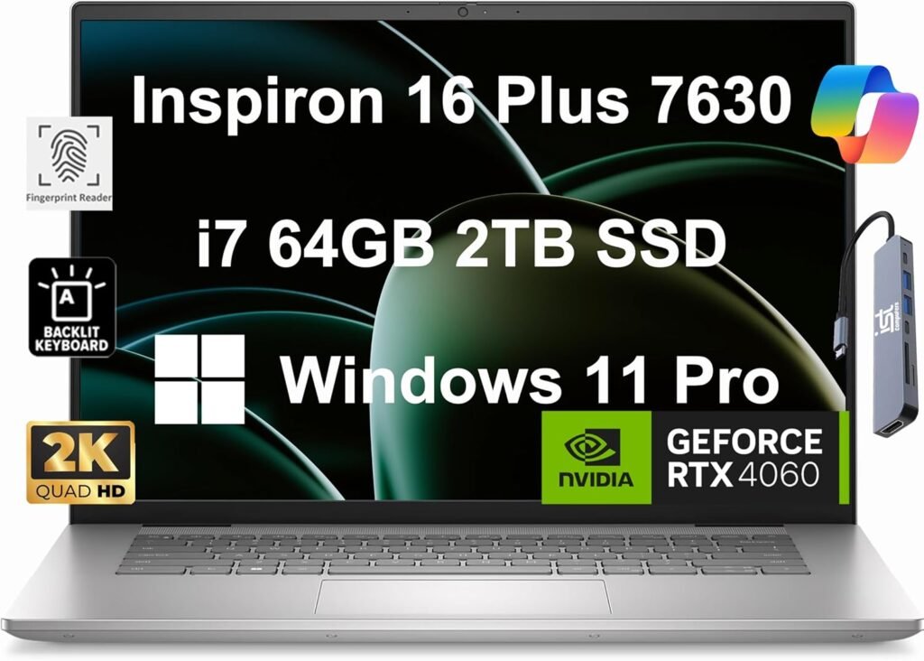 Dell Inspiron 16 Plus 7630 Business Laptop (NVIDIA RTX 4060 8GB GPU, 16 QHD (2560 x 1600) 120Hz, i7-13620H, 64GB DDR5, 2TB SSD) for Creator, Designer, Backlit KB, FP, IST Hub, FHD Webcam, Win 11 Pro