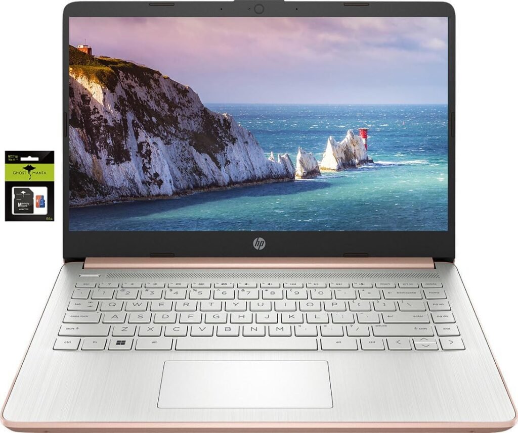 HP 14 Laptop Ultral Light for Students and Business, Quad-Core Intel Celeron Processor, 8GB RAM, 192GB Storage (128GB eMMC + 64GB Ghost Manta SD Card), HDMI, WiFi, USB-AC, Win 11, Gold