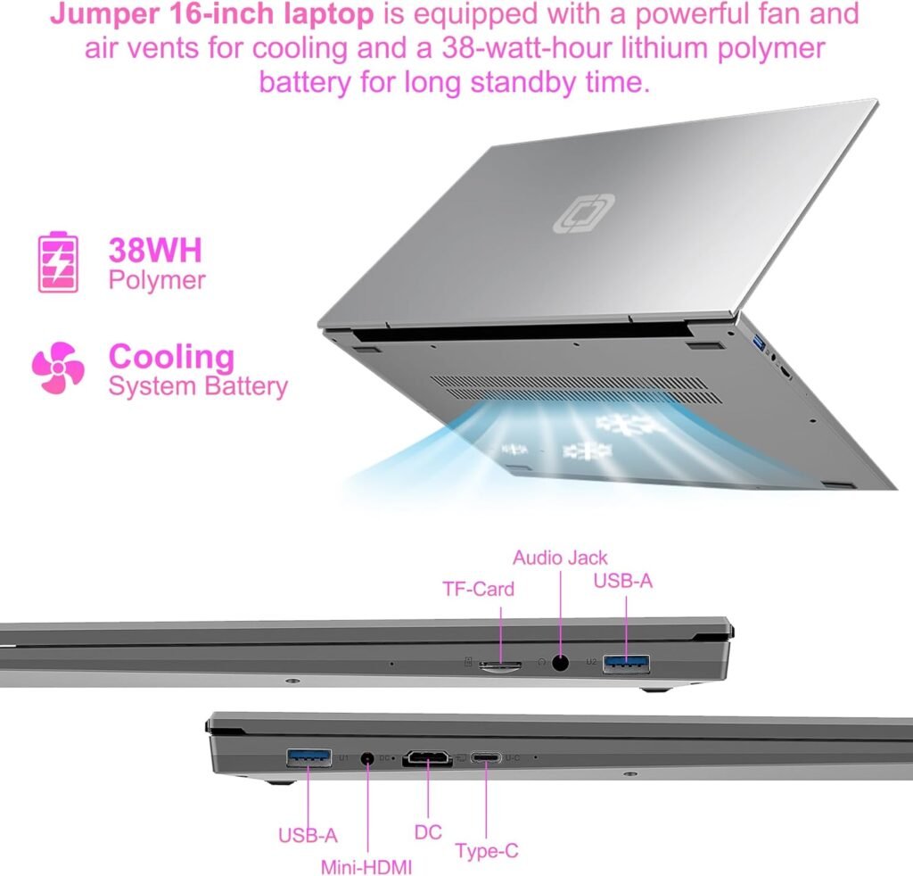 jumper Laptop, 16 Inch Laptops, Alder Lake-N100 Quad Core CPU(Up to 3.4GHz), 16GB RAM 512GB SSD, Notebook Computer with FHD IPS 1920x1200 Display, 4 Speakers, 38WH Battery, Cooling System, USB3.0*2.