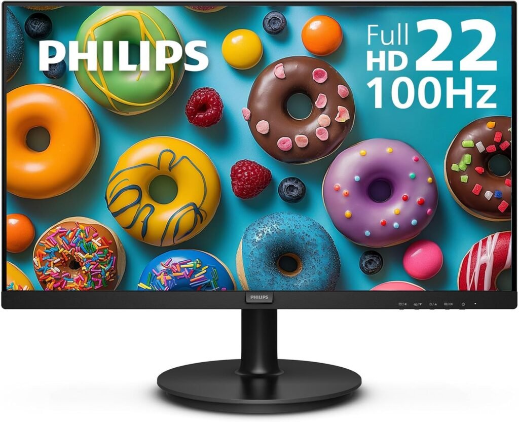 Philips 22 inch Class Thin Full HD (1920 x 1080) Monitor, 100Hz Refresh Rate, VESA, HDMI x1, VGA x1, LowBlue Mode, Adaptive Sync, 4 Year Advance Replacement Warranty, 221V8LB