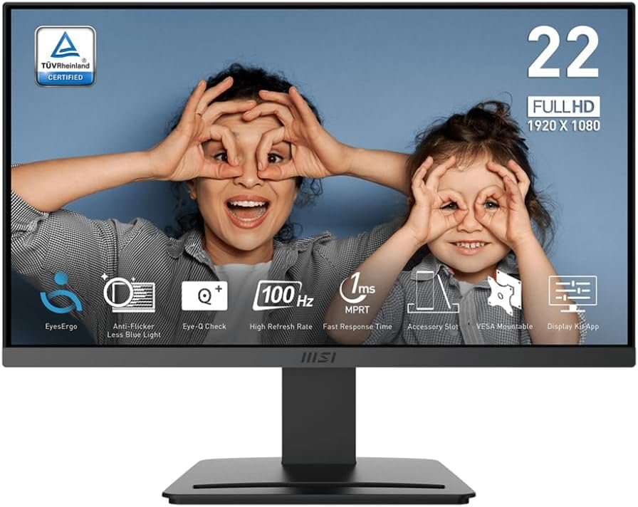 MSI PRO MP223, 22-inch VA 1920 x 1080 (FHD) Computer Monitor, 100Hz, Adaptive-Synch, HDMI, Video Port, VESA Mountable, Less Blue Light, Tilt, 1ms, Black