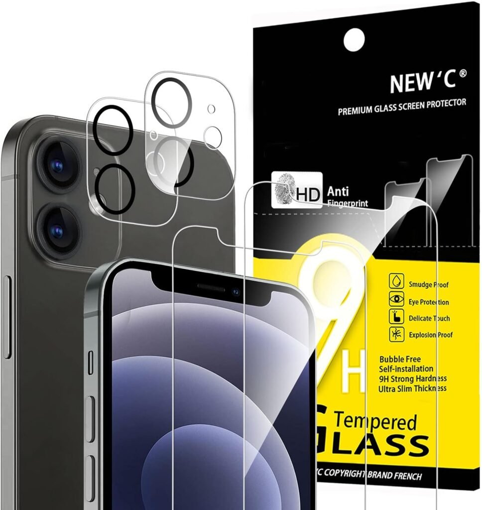 NEWC 4 Pack, 2 Pack Screen Protector for iPhone 14 Pro Max [6.7 inch] + 2 Pack Camera Lens Protector, Sensor Protection,Case Friendly Tempered Glass Film