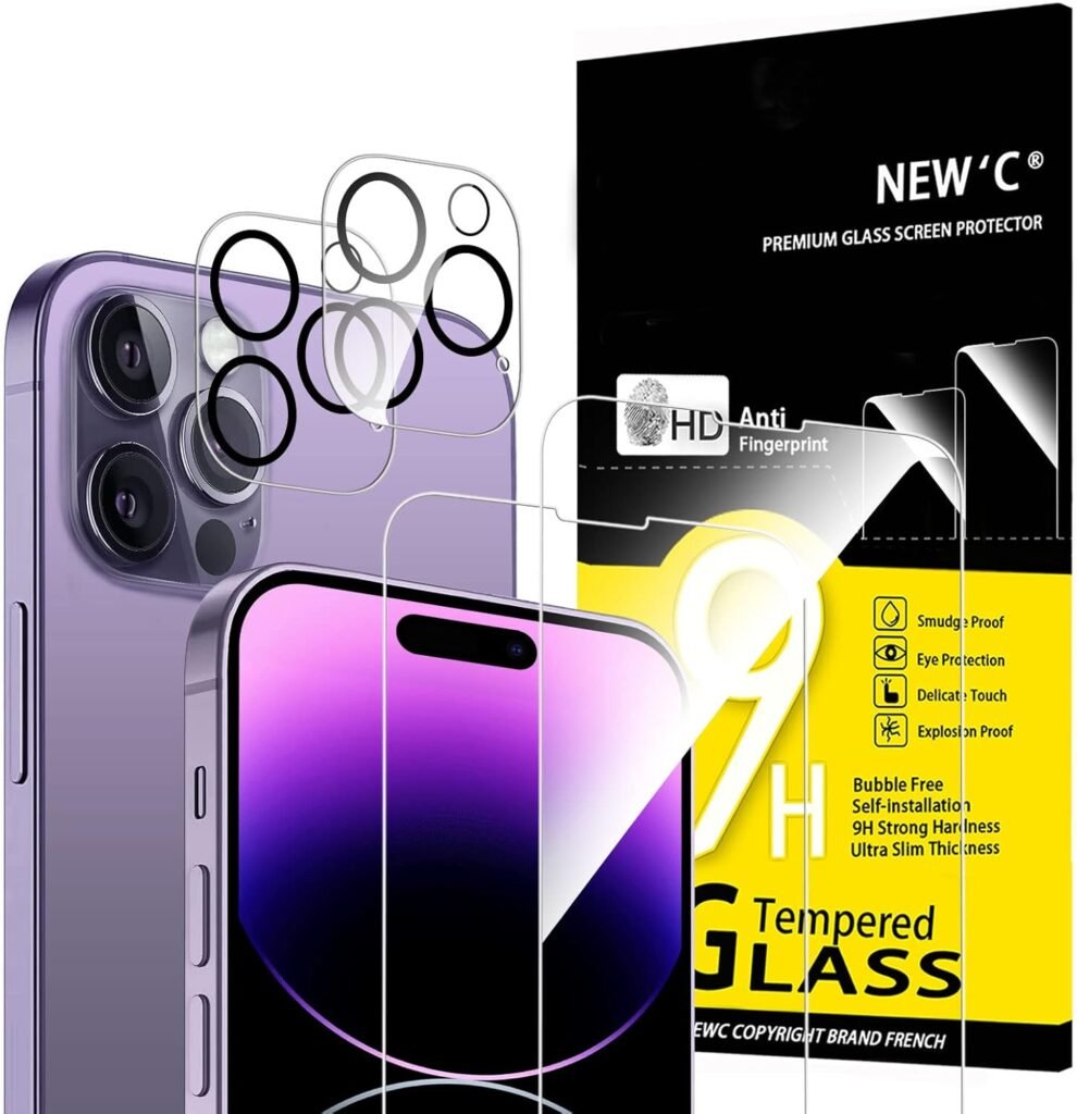 NEWC 4 Pack, 2 Pack Screen Protector for iPhone 14 Pro Max [6.7 inch] + 2 Pack Camera Lens Protector, Sensor Protection,Case Friendly Tempered Glass Film