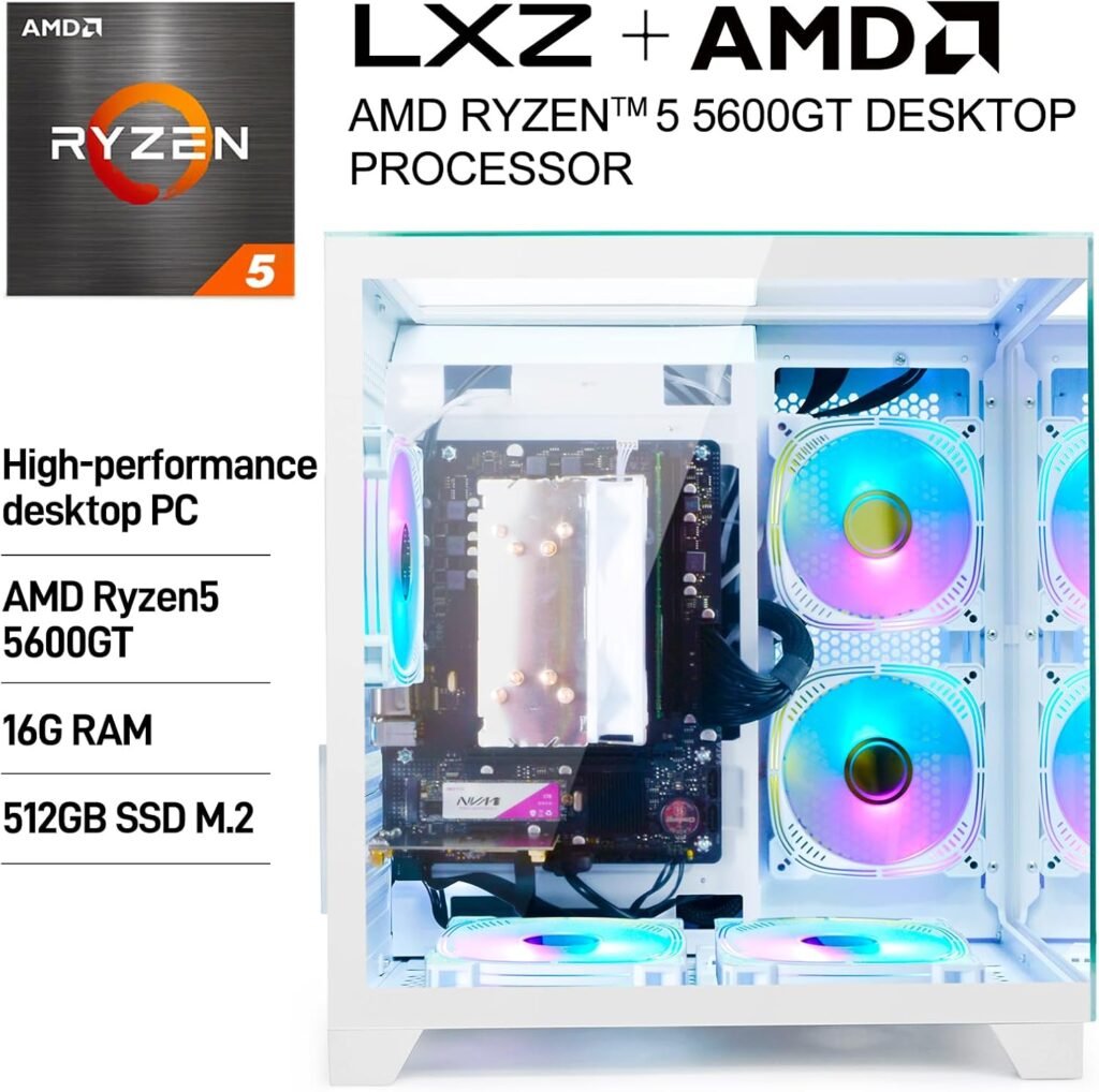 LXZ Desktop PC Computer AMD Ryzen 5 5600GT 6 core 3.6GHz, 16G DDR4 RAM, 512G NVME SSD, Tower Computer for Home and Office (White)