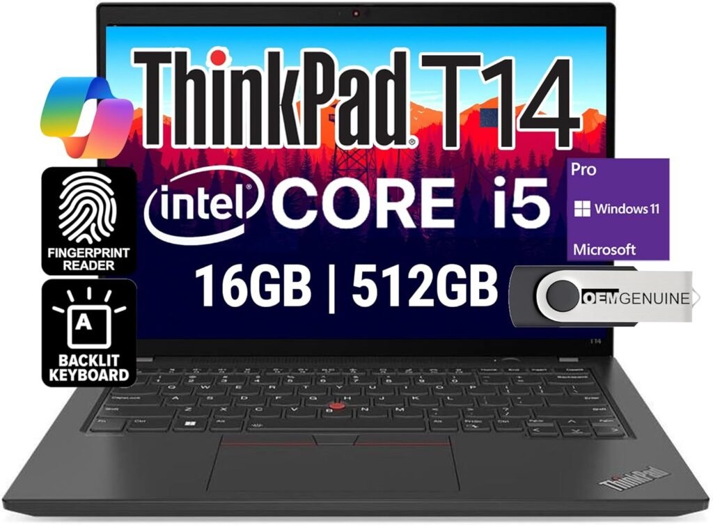 Lenovo ThinkPad T14 Business Laptop (14 FHD+ IPS, Intel 10 Core i5-1335U, 16GB RAM, 512GB SSD) 5MP Webcam, 2 Thunderbolt 4, 2024 AI PC, Win 11 Pro w/USB Drive