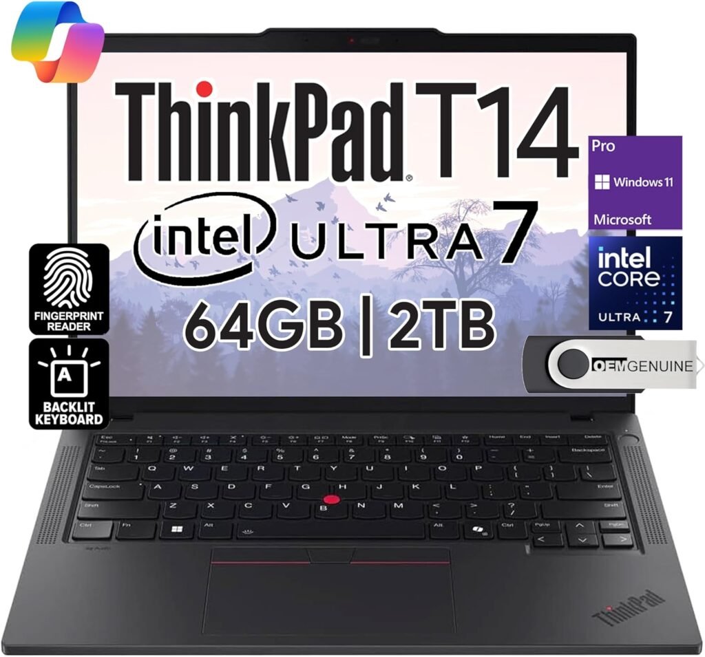 Lenovo ThinkPad T14 Business Laptop (14 FHD+ IPS, Intel 10 Core i5-1335U, 16GB RAM, 512GB SSD) 5MP Webcam, 2 Thunderbolt 4, 2024 AI PC, Win 11 Pro w/USB Drive