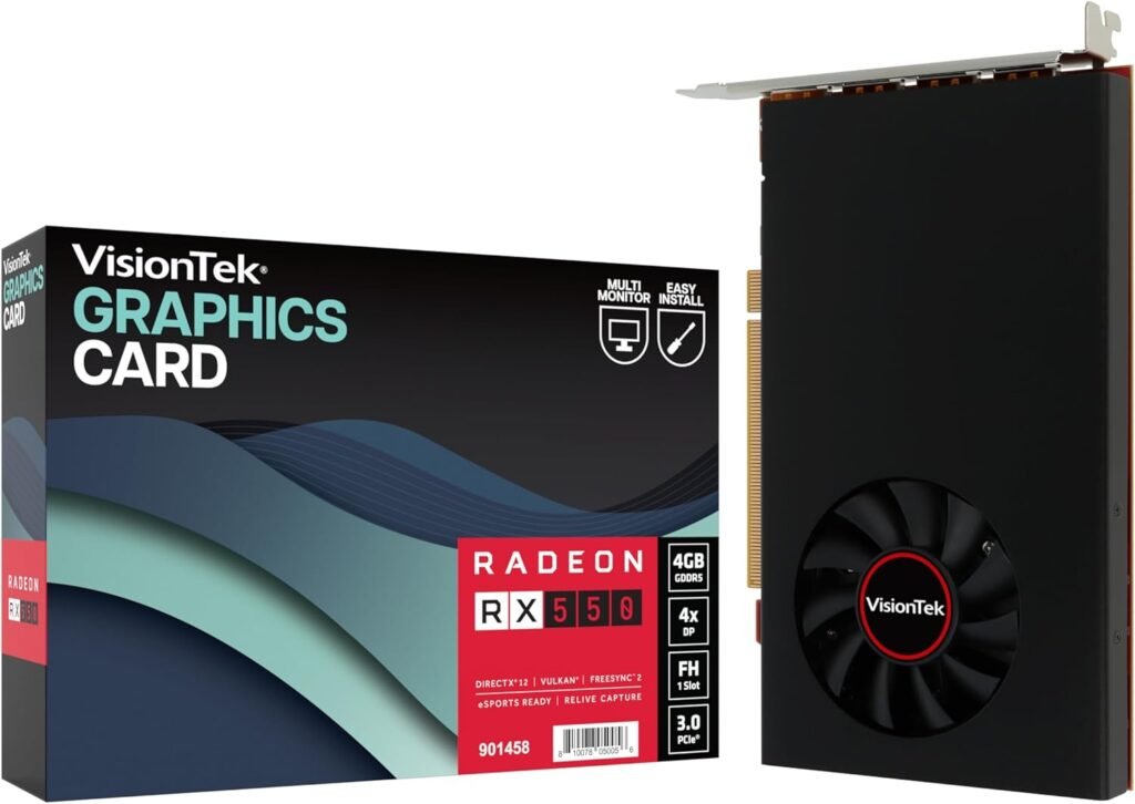 VisionTek AMD Radeon RX 550 4GB GDDR5 for PC – Computer Graphics Card: Supports 4k Monitor Resolution – x4 DisplayPort Outputs, PCI Express 3.0, DirectX 12, Bus-Powered - 901458