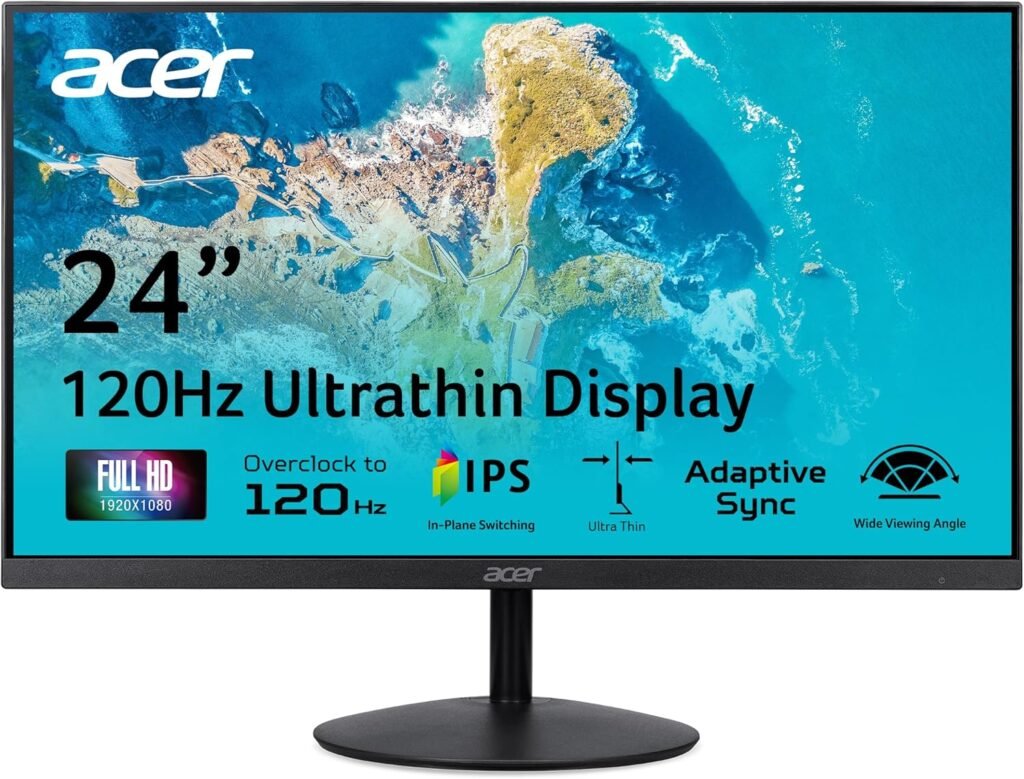 acer SB240Y G0bi 23.8 IPS Full HD Ultra-Slim Edge-to-Edge Gaming Office Monitor | Adaptive-Sync Support (FreeSync Compatible) | Up to 120Hz Refresh | 1ms (VRB) | Tilt | HDMI  VGA Ports | Black