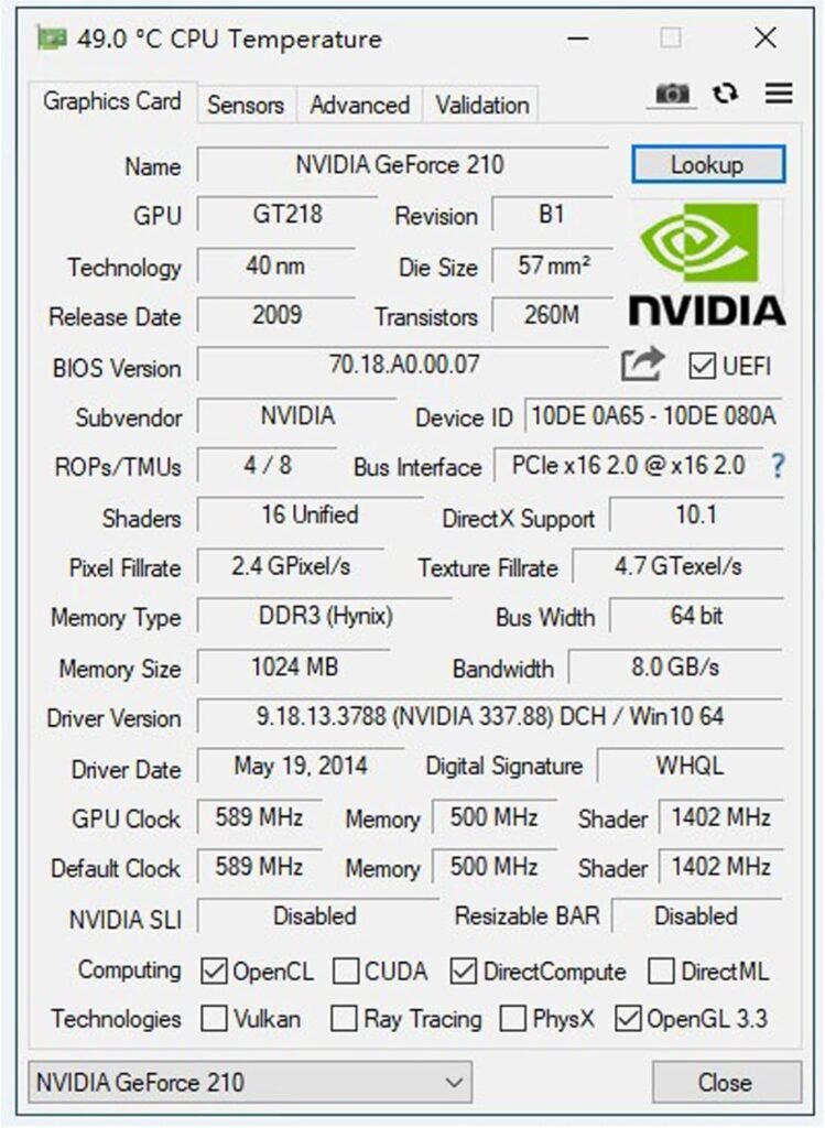 GeForce GT 210 1024 MB DDR3 Low Profile Graphics Card, PCI Express 1.0 x16, Entry Level GPU for PC, SFF and HTPC (HDMI/VGA)