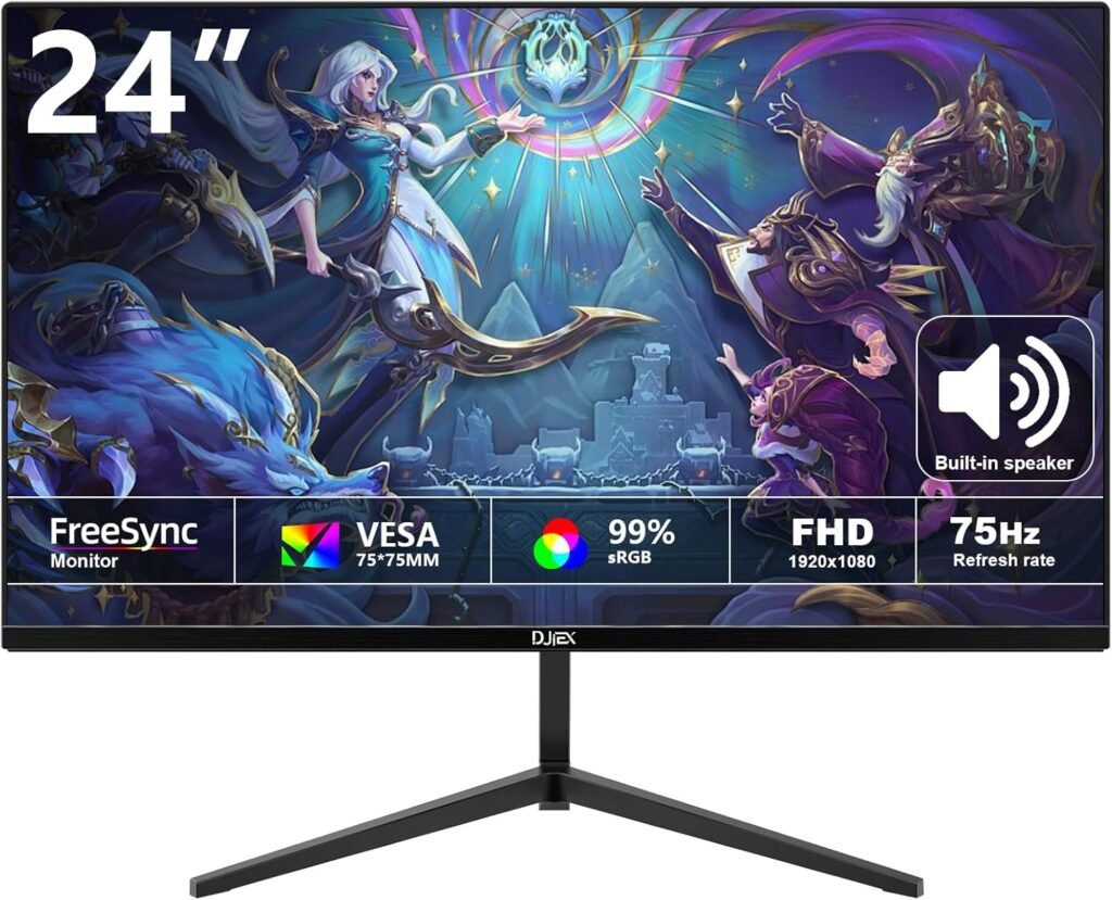 24 inch Gaming Computer Monitor FHD 1920x1080p 75Hz Refresh Rate 16:9 Aspect Ratio Ergonomic Tilt Sync Visual Experience for Work  Play Home Office Support Wall Mount Install（75 * 75mm）