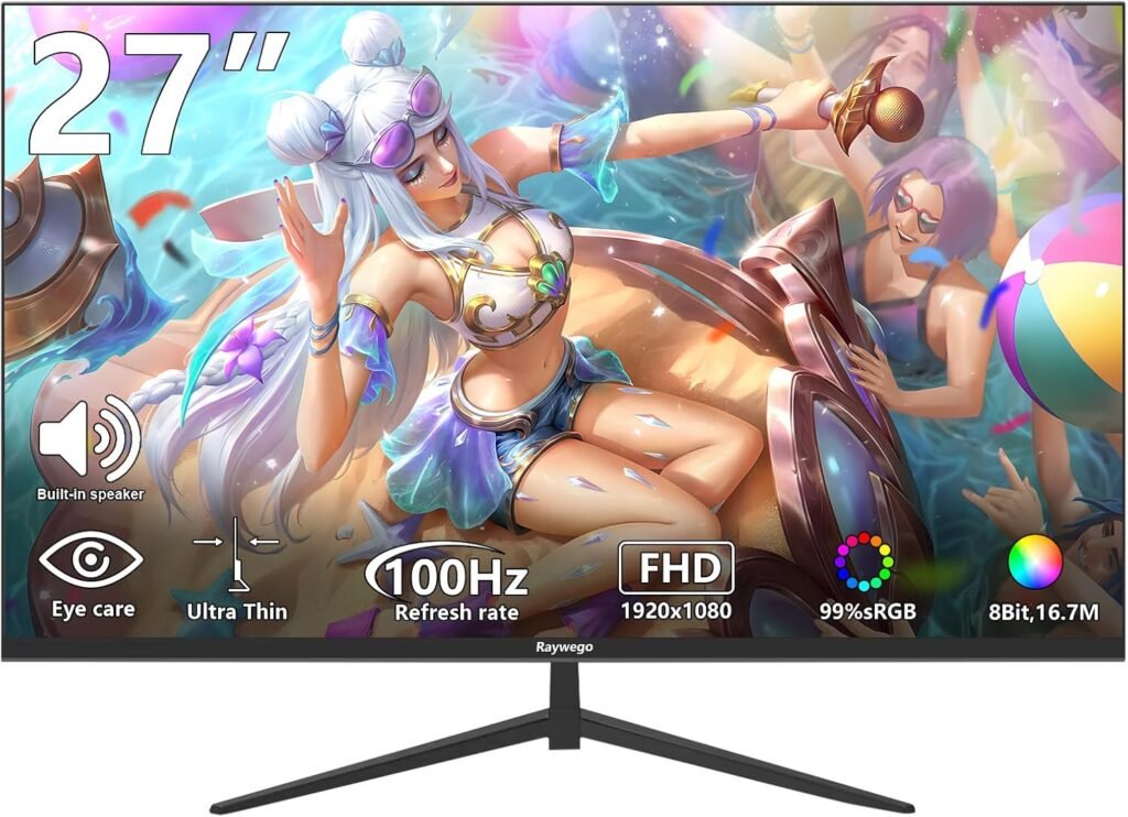27 inch Gaming Monitor 100Hz Computer Monitor Built-in Speakers Full HD 1920 x 1080P with HDMI VGA Interface Eye Care Frameless with 3-Side Virtually Borderless Design VESA（100 x 100mm）