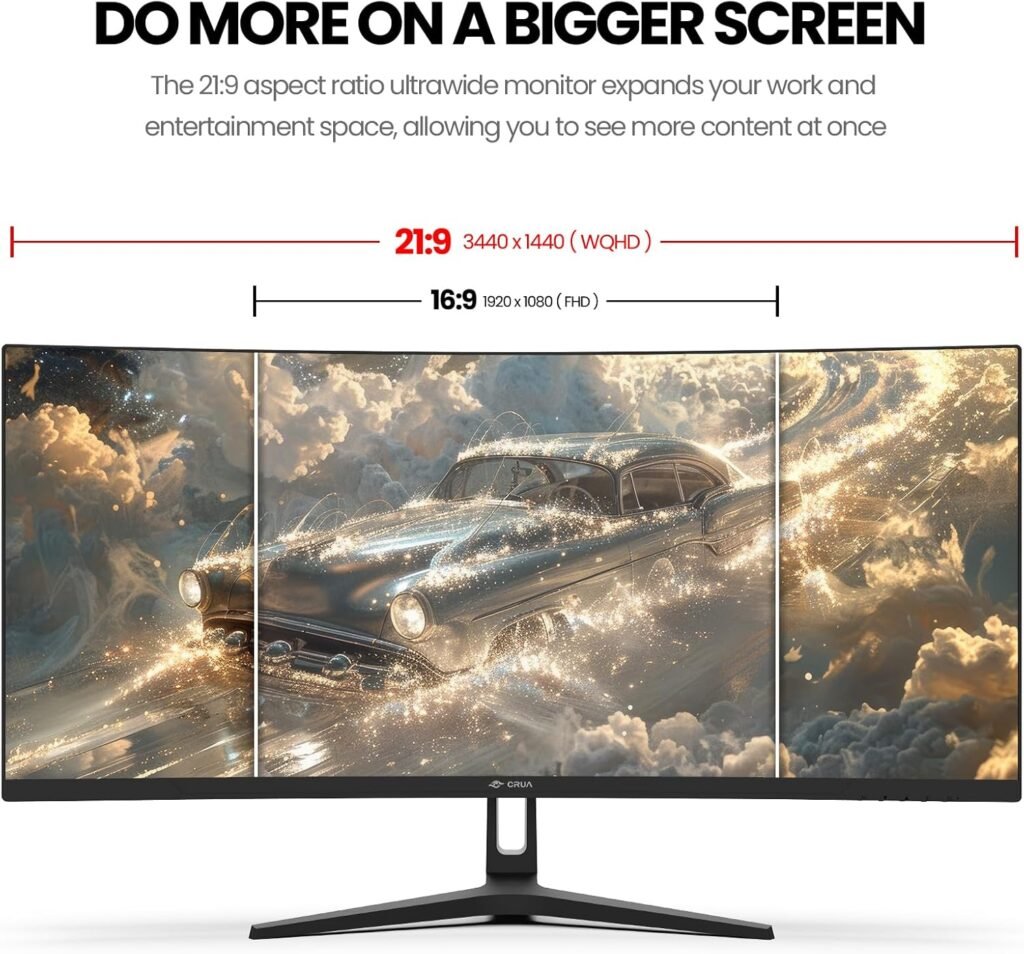CRUA 34 Curved Gaming Monitor, WQHD 3440x1440, 144Hz/165Hz Computer Monitors, 1500R VA Screen, 120% sRGB, AMD FreeSync, HDMI 2.0  DP 1.4, Wall Mountable Installs- Black