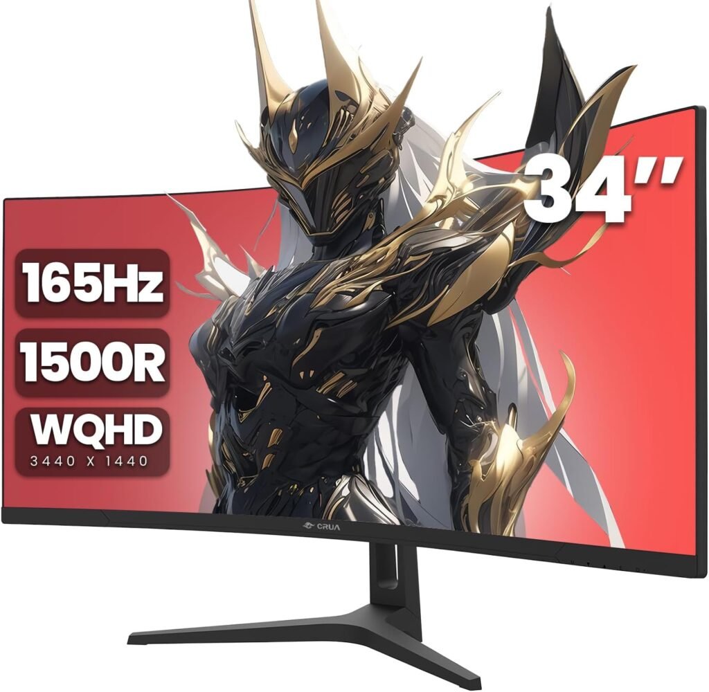 CRUA 34 Curved Gaming Monitor, WQHD 3440x1440, 144Hz/165Hz Computer Monitors, 1500R VA Screen, 120% sRGB, AMD FreeSync, HDMI 2.0  DP 1.4, Wall Mountable Installs- Black