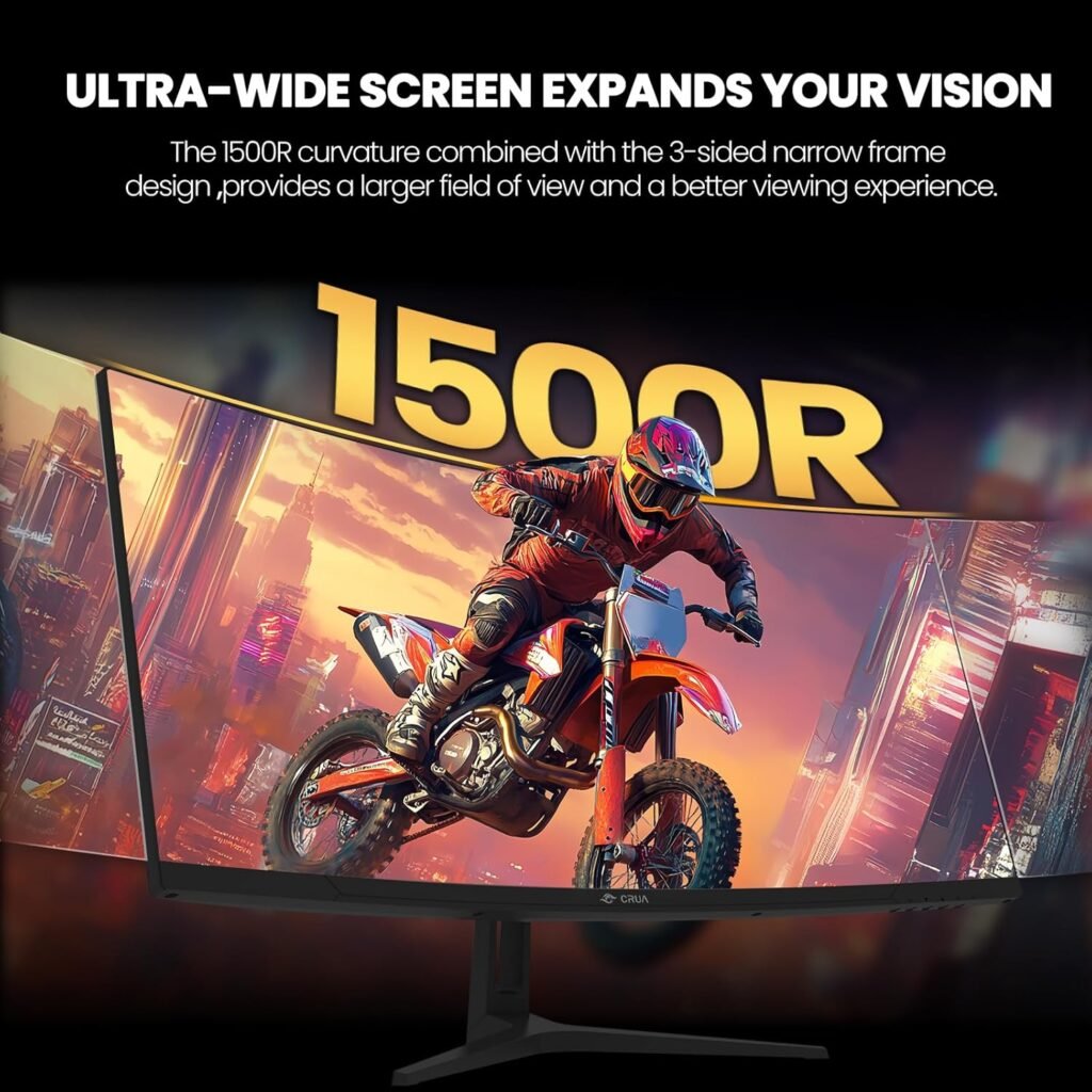CRUA 34 Curved Gaming Monitor, WQHD 3440x1440, 144Hz/165Hz Computer Monitors, 1500R VA Screen, 120% sRGB, AMD FreeSync, HDMI 2.0  DP 1.4, Wall Mountable Installs- Black