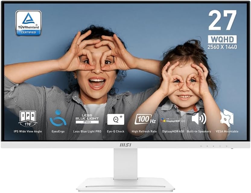 MSI PRO MP273QW E2 AMZ 27-inch IPS 2560 x 1440 (QHD) Computer Monitor, 100Hz, Adaptive-Sync, HDMI, VESA Mountable, Tilt, Speaker, 1ms, White