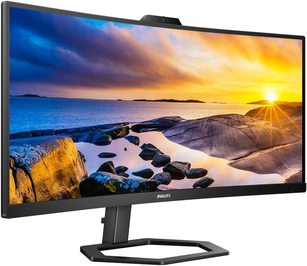 Philips 34E1C5600HE 34 UltraWide QHD 21:9 Monitor with Built-in Windows Hello Webcam  Noise Canceling Mic, USB-C Docking, Stereo Speakers, 100Hz, 4-Year Advance Replacement