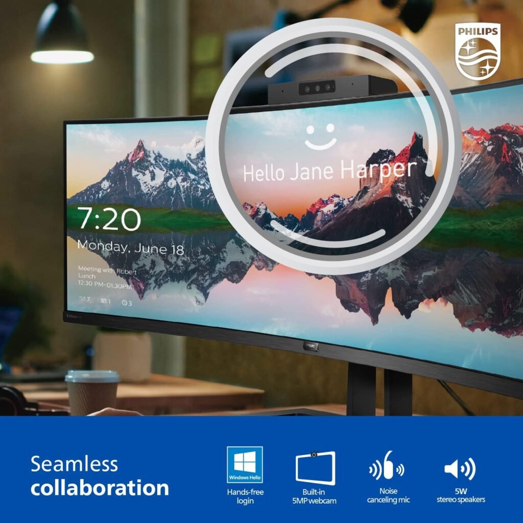 Philips 34E1C5600HE 34 UltraWide QHD 21:9 Monitor with Built-in Windows Hello Webcam  Noise Canceling Mic, USB-C Docking, Stereo Speakers, 100Hz, 4-Year Advance Replacement