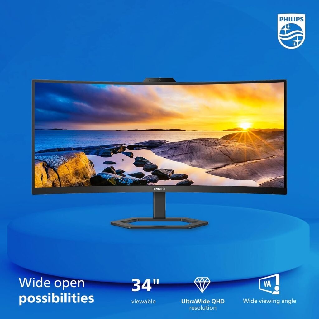 Philips 34E1C5600HE 34 UltraWide QHD 21:9 Monitor with Built-in Windows Hello Webcam  Noise Canceling Mic, USB-C Docking, Stereo Speakers, 100Hz, 4-Year Advance Replacement