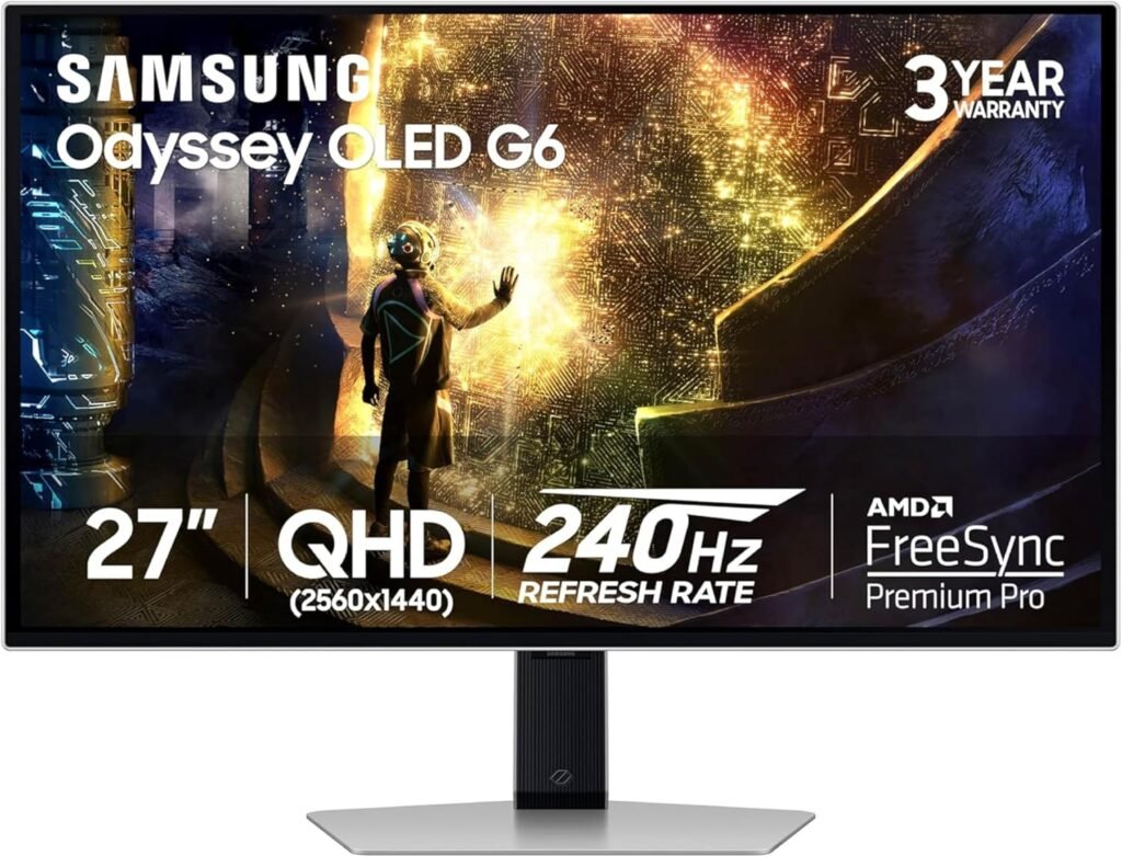 Samsung 27” Odyssey OLED G6 (G61SD) QHD  QD-OLED 240Hz 0.03ms FreeSync Premium Pro Gaming Monitor with Sleek Metal Design, 3 Year Warranty, US, LS27DG610SNXZA