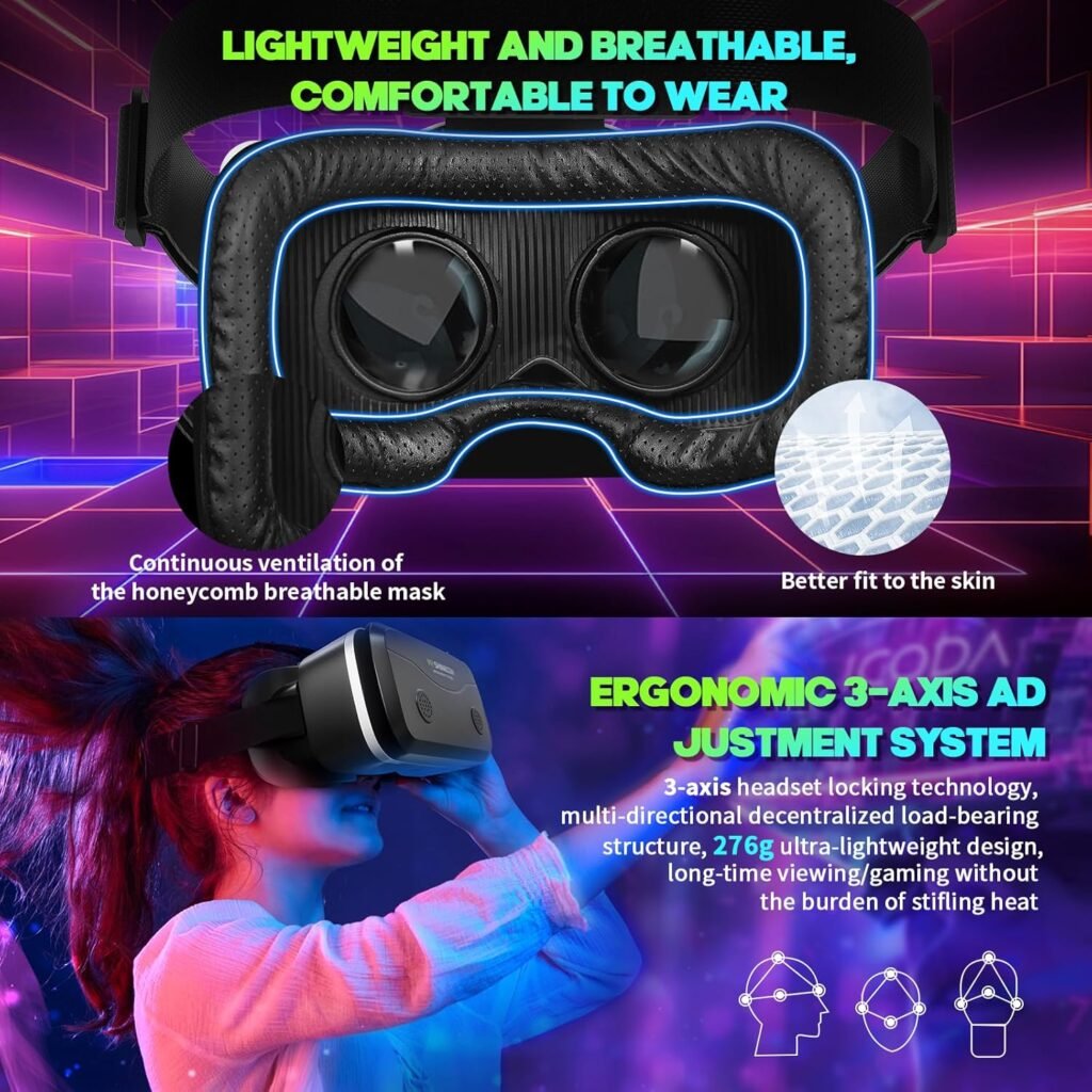 2025 Upgraded VR Headset for Smartphones with Bluetooth Controller | 7-inch HD Aspheric Lens | Adjustable Focus  Eye Width | Cool Ventilation Design | for iPhone 15 Pro/Android 4.7-7 inch