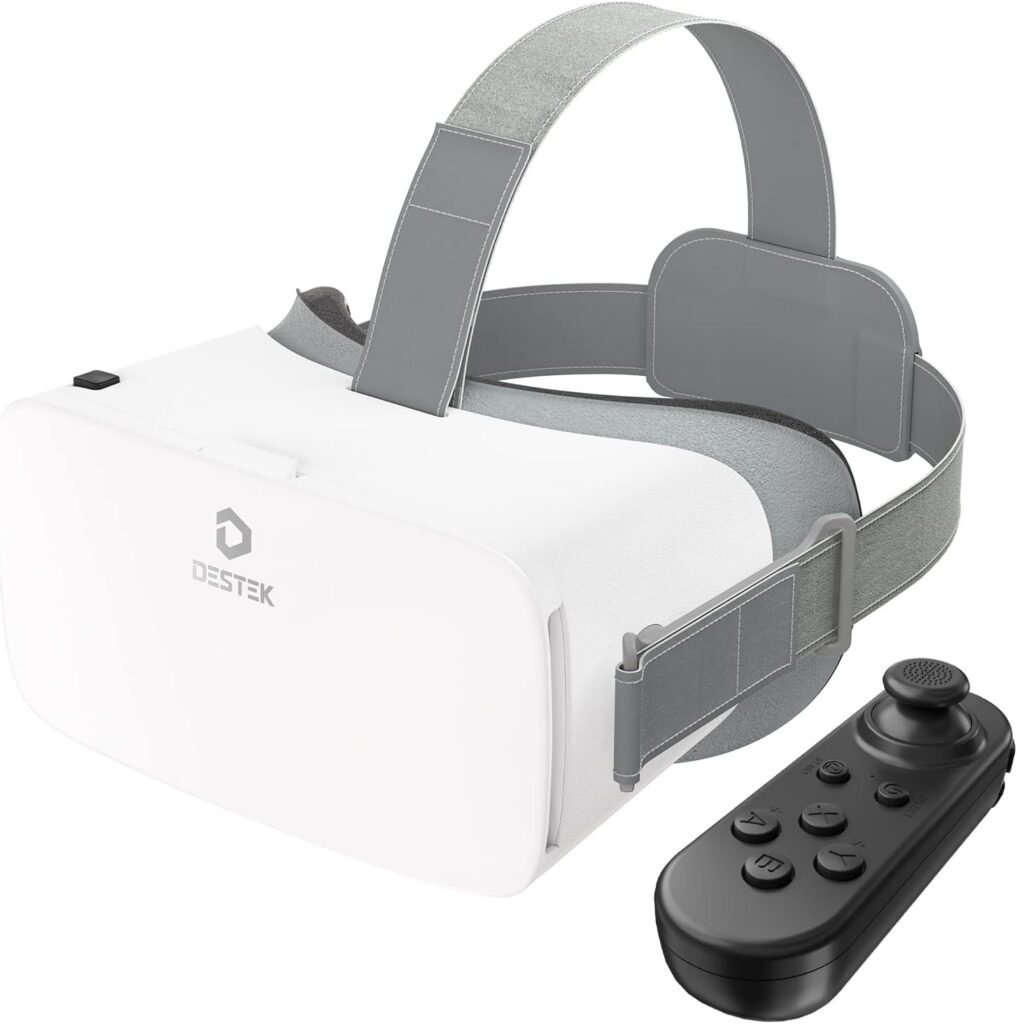 DESTEK V5 VR Headset for Phone with Controller, Anti-Blue Eyes Protected HD Lenses, 110° FOV Virtual Reality Headsets VR Goggles for iPhone 16/15/14/13/12/11, Samsung, Android - White