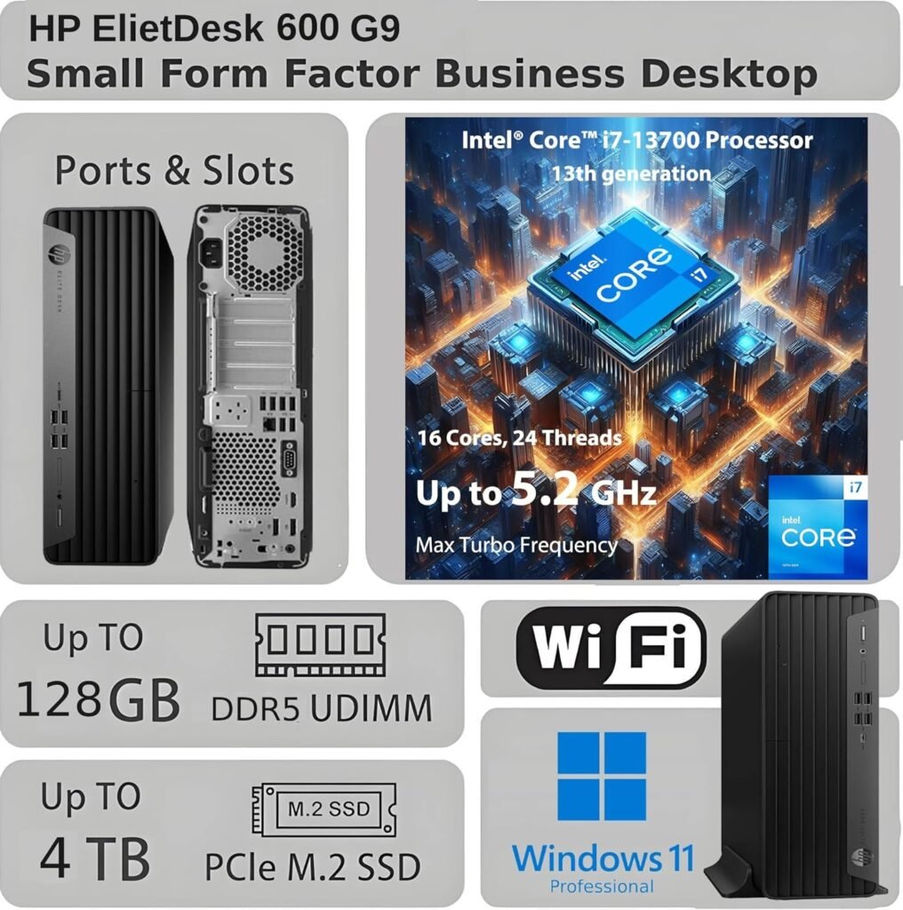 HP Elite 600 G9 SFF Business Desktop Computer, Latest 16-core Intel Core i7-13700 Processor, 32GB DDR5, 1TB PCIe SSD, Support Triple 4K Display, USB-C, HDMI, RJ-45, Wi-Fi, Wired KBMouse, Win11 Pro