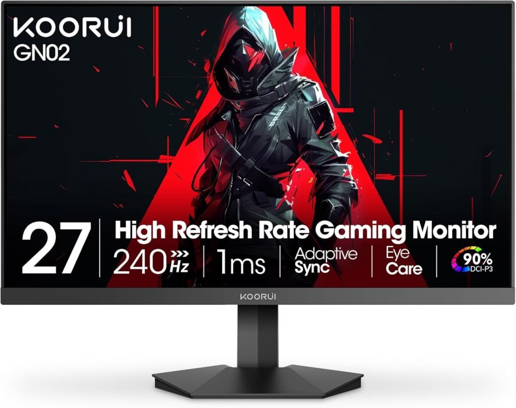 KOORUI 27 Inch Gaming Monitor 240hz, 1ms, FHD 1920x1080, 90% DCI-P3, 99% sRGB Color Gamut, Adaptive Sync Compatible, HDMI, DisplayPort, Black, GN02