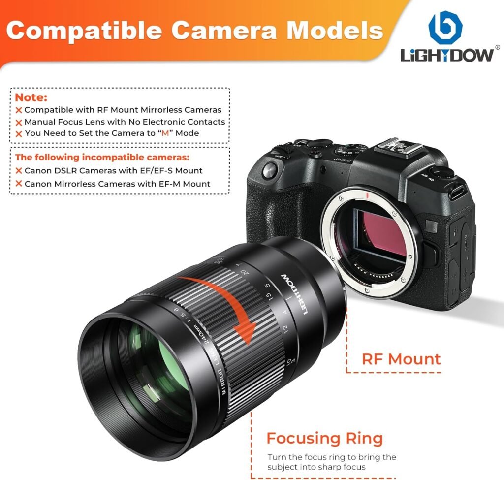 Lightdow EF 240mm F5.6 Reflex Lens - Telephoto Manual DSLR Cameras Lens for Canon EOS Rebel T Series (T8i/T7i/T7/T6/T3i/T2i/4000D/850D/SL3/SL2)  High-End DSLRs (6D Mark II/5D Mark IV/90D/80D/77D)