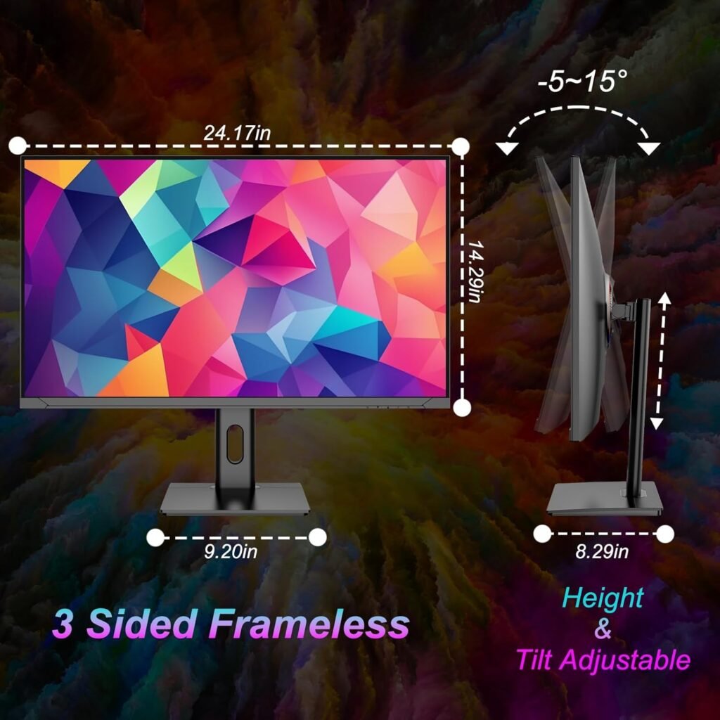 LXZ Gaming Monitor 24.5 inch, 200hz Monitor FHD 1080P Frameless IPS Display with Eye Care, DP/HDMI, Wall Mount Compatible - Black