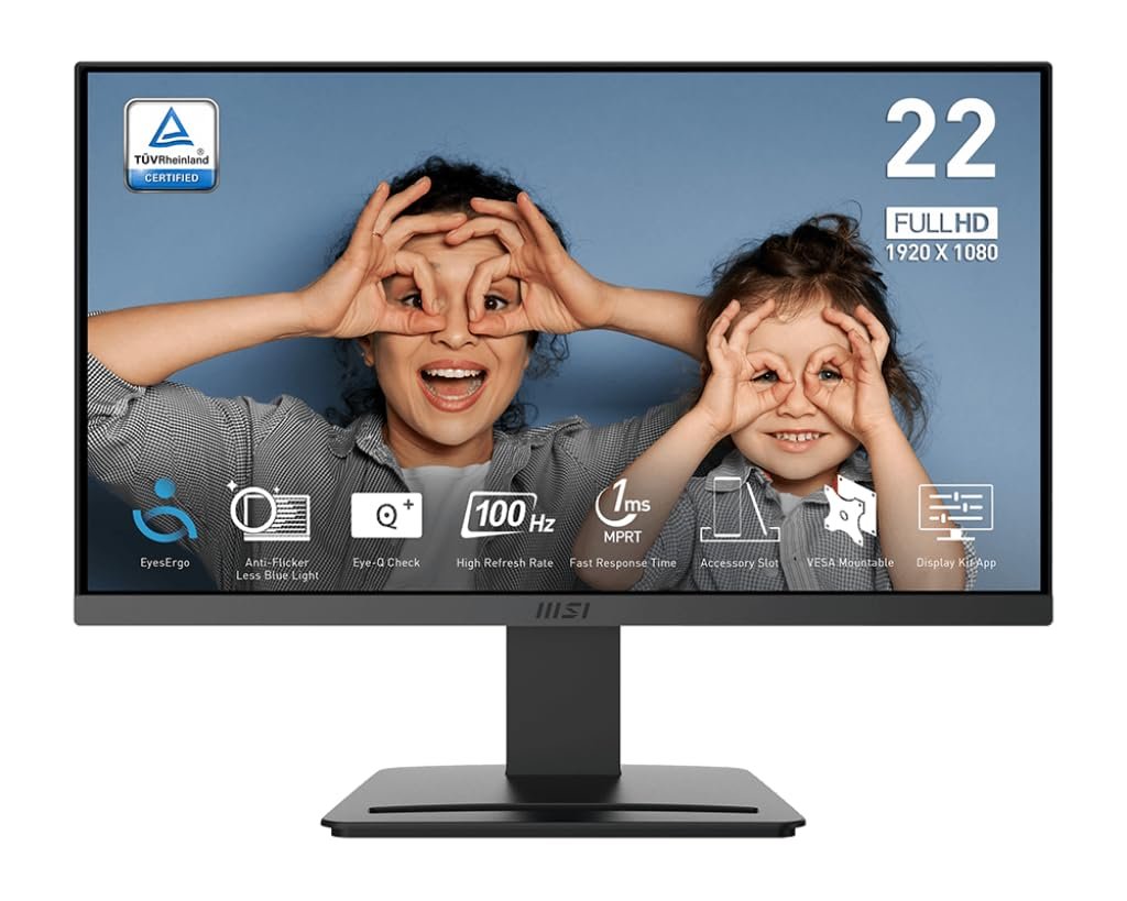 MSI PRO MP223 E2, 22-inch VA 1920 x 1080 (FHD) Computer Monitor, 100Hz, Adaptive-Sync, HDMI, Video Port, Display Port, VESA Mountable, Tilt, 1ms, Black