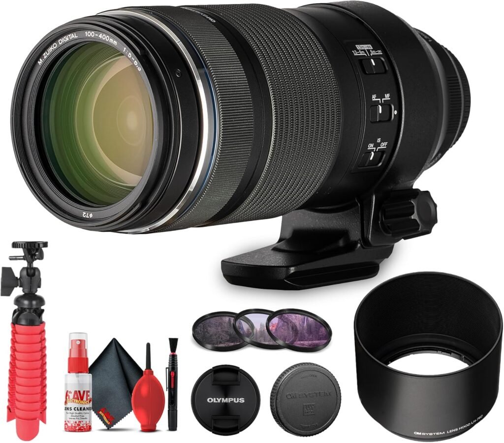 Olympus M.Zuiko Digital ED 100-400mm f/5-6.3 is Lens (V315070BU000) Bundle Including: 3 Piece Filter Kit, Flexible Tripod, Cap Keeper, Full Cleaning Kit