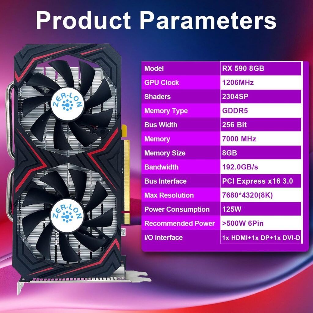 Radeon RX 590 8GB GME Graphics Card, 2304SP GDDR5 256 Bit PCIE 3.0X16 Computer Gaming Gpu, Dual Freeze Fans Video Card with HDMI/DP/DVI Ports Support 8K