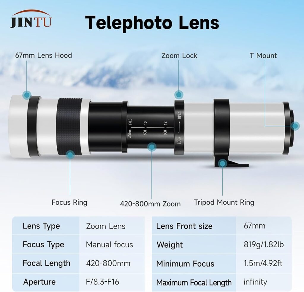 Telephoto Lens for Canon -JINTU EF Mount 420-800mm Manual Focus MF Zoom Lens for Canon EOS Rebel T8i/850D T7i/800D T7/2000D T6/1300D T6s/760D T6i/750D T5i/700D T5/1200D T4i/650D T3i/600D T3/1100D