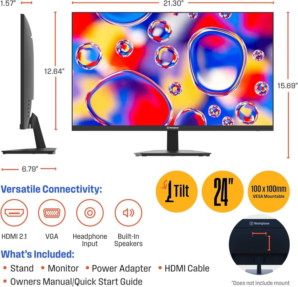 Westinghouse 22 Inch Computer Monitor, 100Hz, 1080p Full HD IPS Display, Adaptive Sync, Blue Light Protection, Home Office PC Screens with Built in Speakers, HDMI, VGA, for Work  Productivity